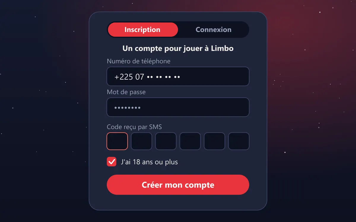 Limbo inscription en Côte d'Ivoire, écran de connexion au compte joueur